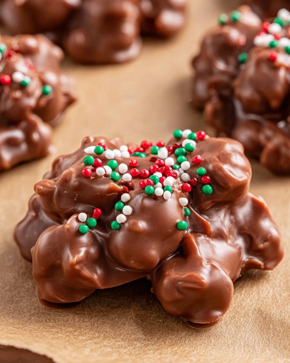 A close-up view of a chocolate cluster candy with a rough, irregular shape and a glossy, smooth texture. The cluster has multiple small bumps and blobs stacked together, covered in milk chocolate with a rich brown color. On top, there are small round sprinkles in red, white, and green scattered unevenly, adding bright pops of color. The candy rests on a light brown parchment paper surface with other similar chocolate clusters blurred in the background. photo taken with an iphone --ar 4:5 --v 7