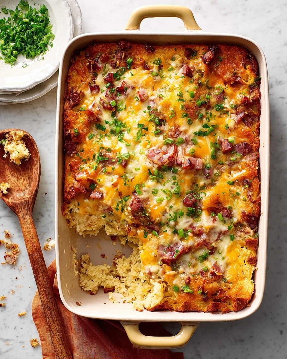 A baked casserole in a square orange baking dish with melted, golden-brown cheese covering the top layer, sprinkled with chopped green herbs and diced green peppers. Beneath the cheese, layers of cooked, cubed ham and bread pieces show through, with a dense, creamy texture visible in some spots. The casserole fills most of the dish with a missing corner piece revealing the layered filling inside. The dish sits on a white marbled textured surface with a white plate holding chopped green herbs to the left and a wooden spoon with some crumbs on the right. Photo taken with an iphone --ar 4:5 --v 7