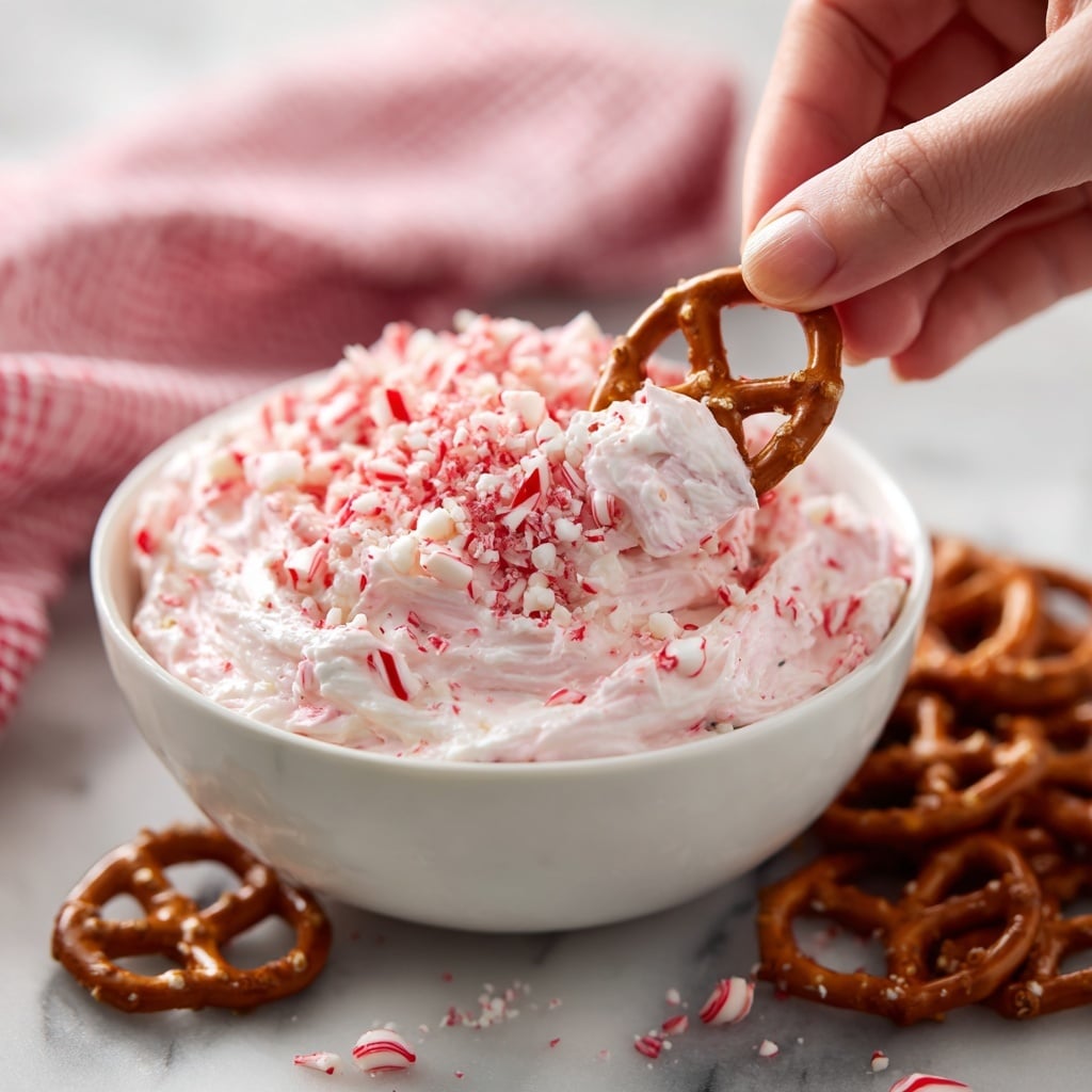 A white bowl is filled with a fluffy, creamy white dip that is thick and smooth in texture. The dip is topped with a generous layer of crushed red and white peppermint candy pieces, adding a crunchy contrast and a festive look. Around the bowl on a white marbled surface, there are several chocolate-covered pretzels, some sprinkled with small bits of the same peppermint candy. In the background, there are two white bowls, one filled with plain chocolate pretzels and the other with square chocolate graham crackers, softly blurred to keep focus on the dip bowl. photo taken with an iphone --ar 4:5 --v 7