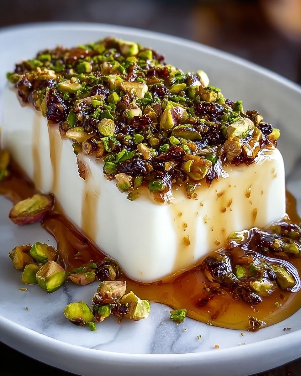 This image shows a white rectangular block of creamy soft cheese sitting in a shallow pool of dark amber syrup on a white plate. The top layer is covered with a generous sprinkle of chopped green pistachios mixed with small pieces of dark brown dried figs, all glistening under the syrup that drips some down the sides. The plate rests on a white marbled surface, adding a clean and elegant background to the focus on the rich textures and vivid colors of the cheese, nuts, figs, and syrup. photo taken with an iphone --ar 4:5 --v 7