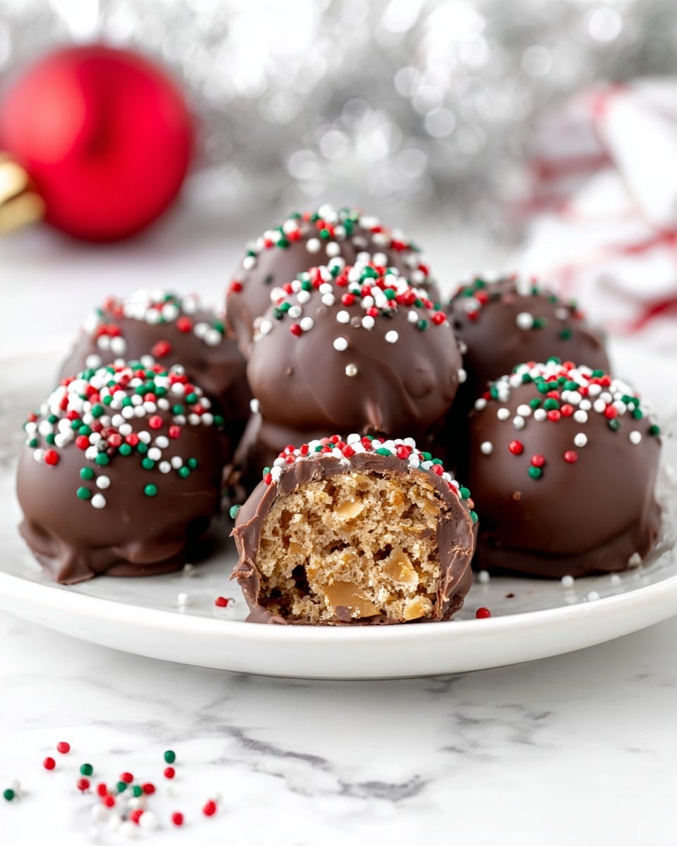 A group of round, bite-sized treats sit on a white plate with a white marbled surface underneath. Each treat has a smooth, thick layer of dark brown chocolate coating with colorful small round sprinkles in red, white, and green scattered on top. One treat is cut in half at the front, showing two layers: a dense, crumbly golden-brown inside filled with small white nut pieces, surrounded by the shiny chocolate shell. More whole treats are blurred out in the background, and extra sprinkles are scattered around the plate. photo taken with an iphone --ar 4:5 --v 7