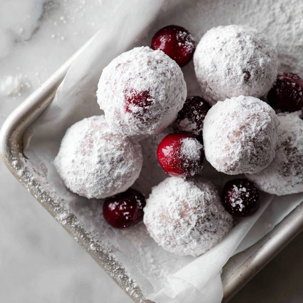 A group of round cherry-like fruits covered fully with white powdered sugar, lying on a baking tray lined with white parchment paper, the fruits vary slightly in size and some show hints of the red fruit beneath the powder through small cracks or thinner coverage, with powdered sugar scattered loosely around them on the paper and tray, all resting on a white marbled texture. photo taken with an iphone --ar 4:5 --v 7