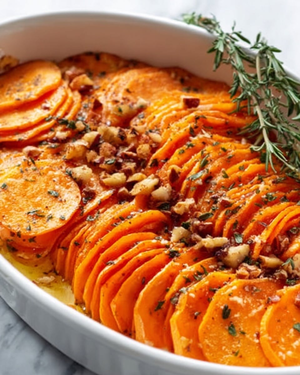 A white dish filled with multiple layers of thinly sliced orange sweet potatoes arranged vertically and leaning slightly against each other, topped with small pieces of chopped nuts and sprinkled with green herbs, with a sprig of fresh rosemary resting on the right side. The texture of the sweet potatoes looks soft and slightly crispy on the edges. The background is a white marbled surface. Photo taken with an iphone --ar 4:5 --v 7