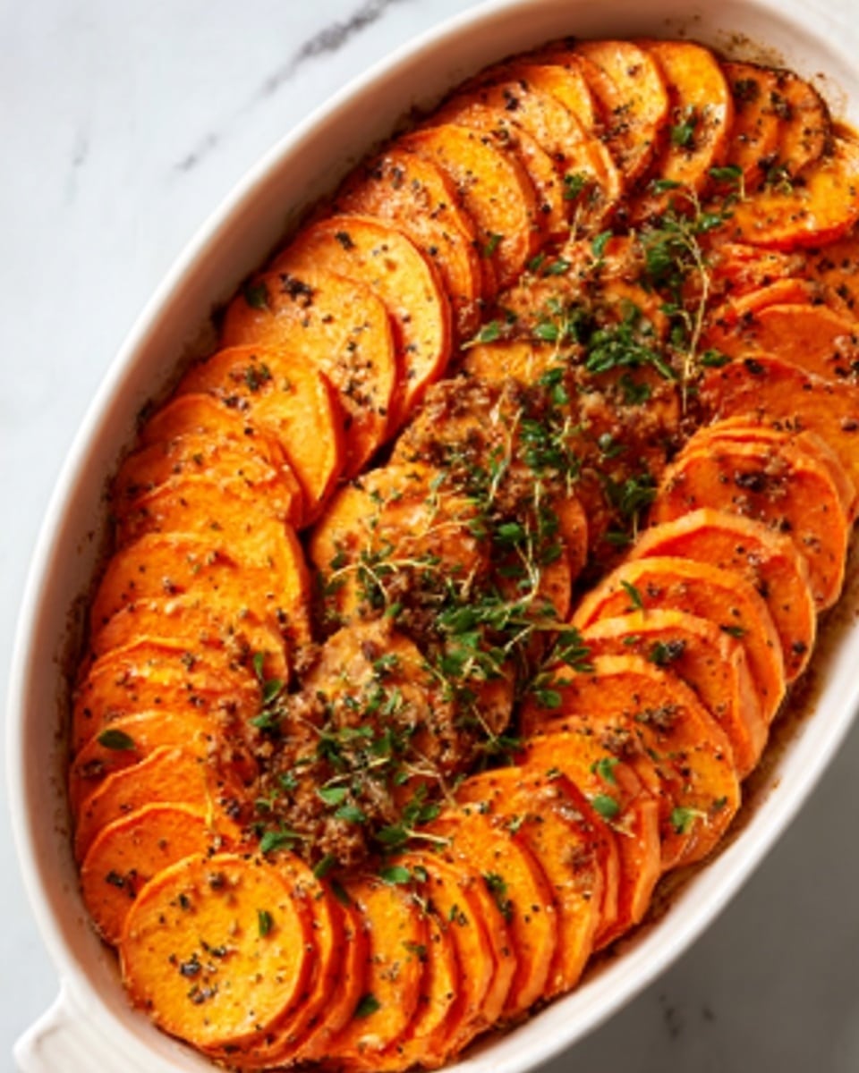 A white oval dish filled with thinly sliced sweet potatoes arranged in a neat overlapping circular pattern along the edge. In the center, there are small portions of browned minced meat mixed with herbs. The sweet potatoes have a soft orange color with a light sprinkle of green herbs and coarse black pepper. The dish sits on a white marbled surface. photo taken with an iphone --ar 4:5 --v 7