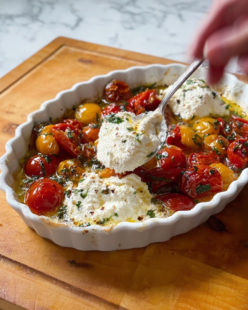 A white scalloped dish filled with a colorful baked dip made of melted creamy white cheese swirled with bright yellow and red roasted cherry tomatoes. The dip is topped with small green chopped herbs and red chili flakes scattered evenly across the surface. In the center, a toasted slice of bread with a golden brown crust is partially dipped, held by a man's hand. The dish sits on a wooden cutting board, with a blurred background of a wooden floor and a chair leg, all on a white marbled texture surface. Photo taken with an iphone --ar 4:5 --v 7