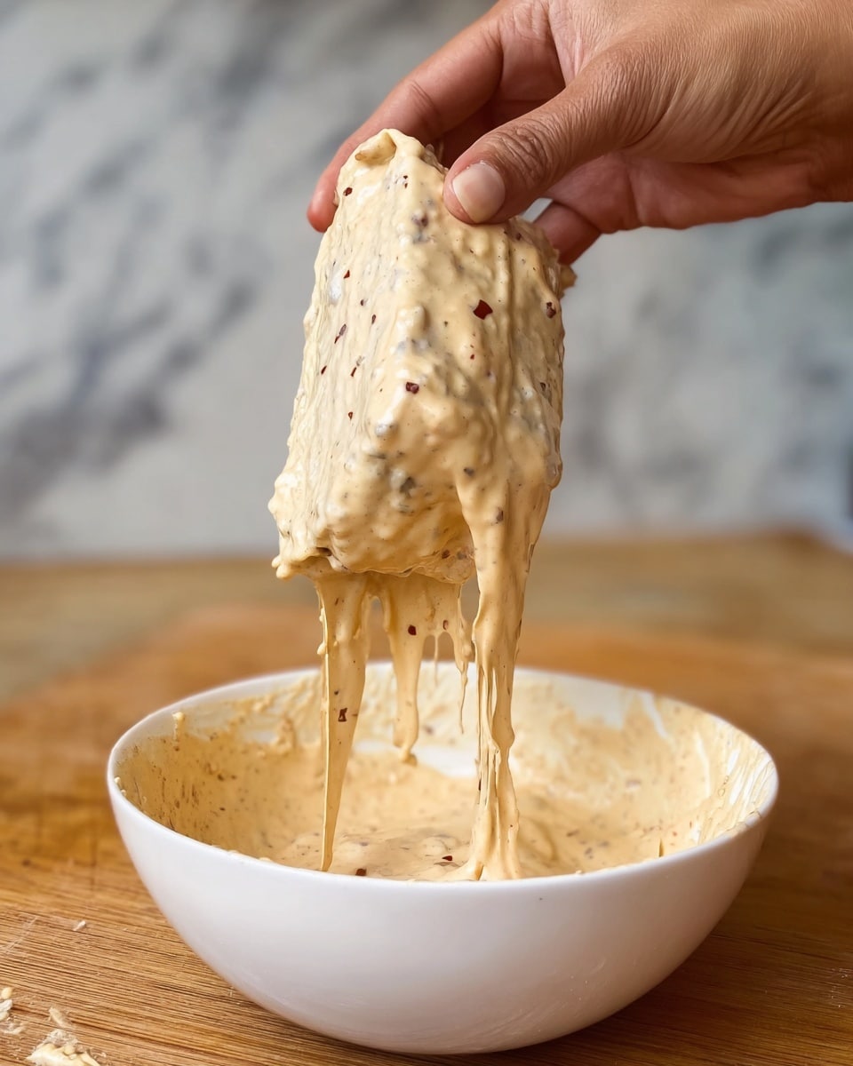 A woman's hand is holding a rectangular piece of food coated thickly in a creamy, beige batter with visible dark and red seasoning specks. The batter, clingy and smooth, drips from the edges back into a white bowl filled halfway with the same batter. The bowl is placed on a wooden surface with a white marbled background visible behind. The texture of the batter looks rich and slightly lumpy, with a glossy finish. photo taken with an iphone --ar 4:5 --v 7