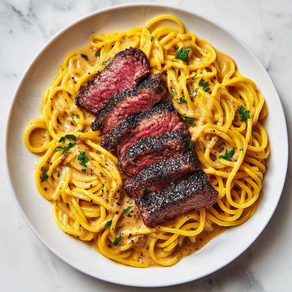 The dish shows a white plate of creamy spaghetti as the base layer, with light yellow, shiny noodles coated in a smooth sauce. On top, there are five thick slices of medium-rare steak, showing a dark brown crust and pink center with a juicy texture. A beige sauce with black pepper flakes is drizzled evenly over the steak slices. Small pieces of green herbs are scattered on the sauce and steak, adding a fresh touch. The whole plate sits on a white marbled surface. photo taken with an iphone --ar 4:5 --v 7