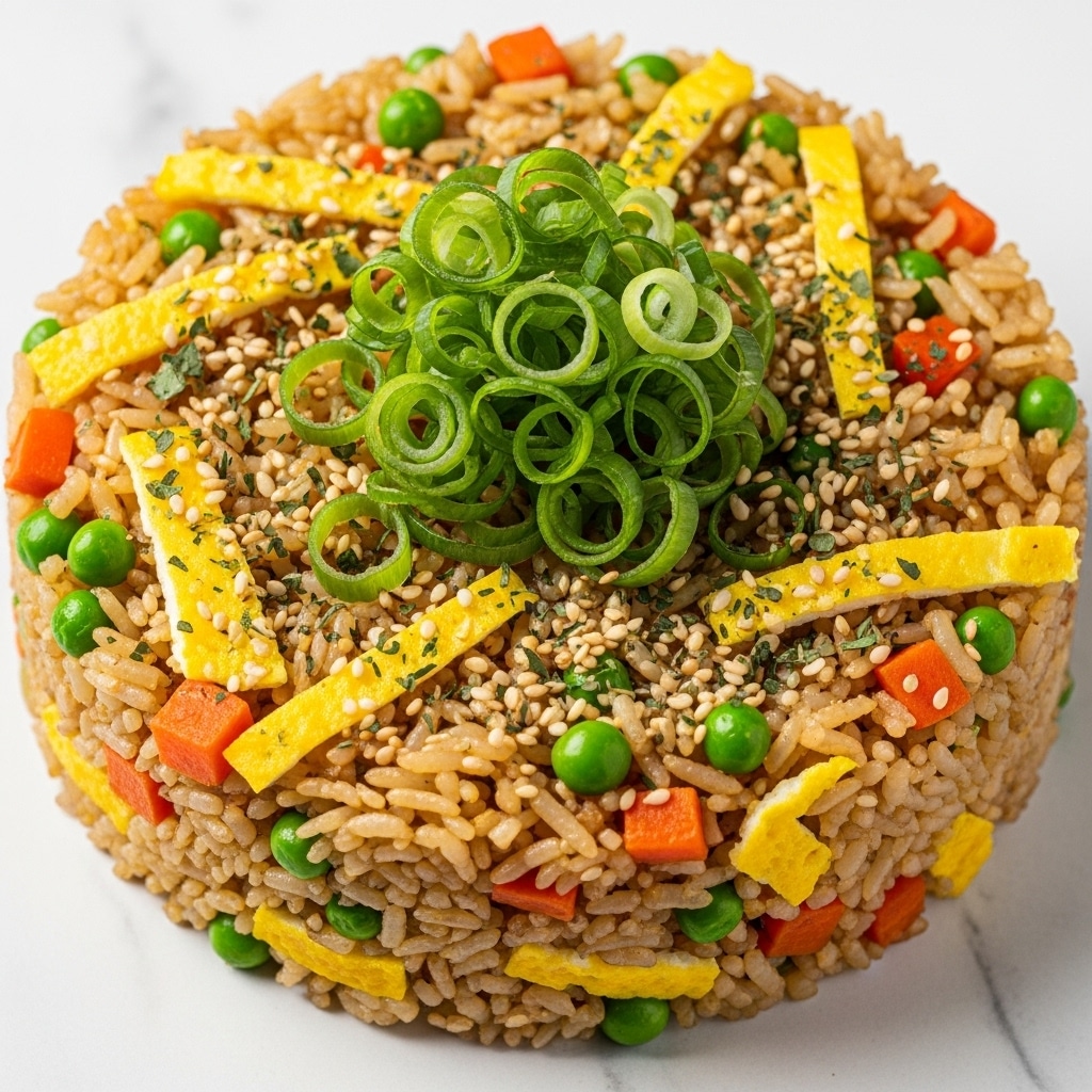 A close-up view of a mound of fried rice placed on a white marbled surface, featuring three main layers. The bottom layer consists of cooked rice grains mixed with bright orange carrot cubes and green peas, showing a mix of light brown and slightly golden colors. The middle layer has thin strips of yellow cooked egg scattered evenly across the rice, adding a soft texture. The top layer is a small pile of fresh, finely shredded bright green scallions arranged in a loose circular heap, with sprinkled white sesame seeds spread lightly around. The dish also shows some small bits of browned onion mixed in, adding darker touches within the rice. photo taken with an iphone --ar 4:5 --v 7