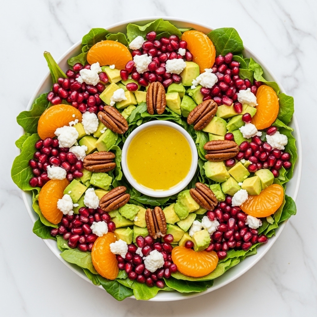A fresh salad is arranged in a white bowl on a white marbled surface, starting with a base layer of green lettuce leaves. Scattered on top are vibrant orange mandarin slices and creamy light green avocado chunks. Bright red pomegranate seeds add pops of color mixed with white crumbled cheese. Whole pecans are placed evenly for texture contrast. In the center of the bowl, there is a small white container filled with yellow salad dressing. The salad looks fresh and colorful with a mix of soft, crunchy, and juicy elements photo taken with an iphone --ar 4:5 --v 7