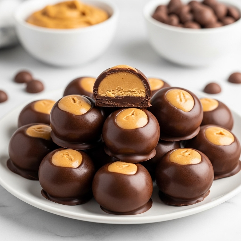 A white plate holds a neat stack of smooth, round chocolate-covered treats with a soft, light brown peanut butter filling visible on the top of each piece. The chocolates have a shiny, dark brown outer shell that glistens gently, surrounding the creamy, slightly textured peanut butter layer that fills the top center. In the blurry background, there are two white bowls, one filled with peanut butter and the other with small round chocolate pieces, all placed on a white marbled surface. photo taken with an iphone --ar 4:5 --v 7