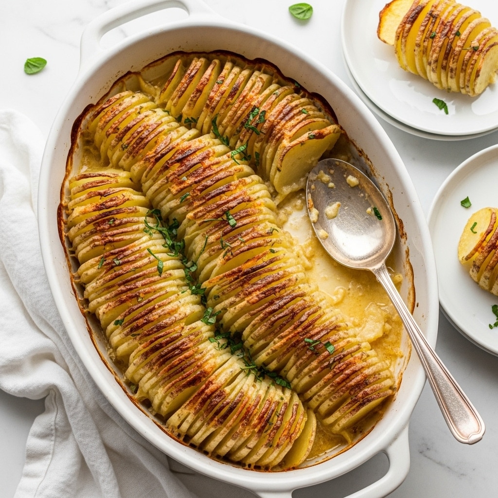 The image shows a white oval baking dish filled with a golden-brown potato gratin. The dish contains thin slices of potatoes arranged in neat, curved layers standing upright, slightly overlapping each other, creating a textured and wavy surface. The top layer is browned and crispy with spots of darker caramelization. Fresh green herbs are scattered on top, adding color contrast. A silver spoon rests inside the dish on the right, slightly sunk into the creamy sauce beneath the potatoes. Nearby, there are small white plates holding a few served potato slices, and the whole scene is set on a white marbled surface with a white cloth partially under the dish. photo taken with an iphone --ar 4:5 --v 7