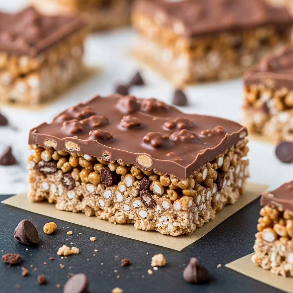 The image shows a close-up of a rectangular chocolate crispy treat with two visible layers; the bottom layer is made of light brown crispy rice mixed with darker bits, giving a crunchy texture, while the top layer is a smooth, glossy milk chocolate covering with small crispy bits embedded in it. The treat is placed on a small piece of light brown parchment paper on a dark surface which is now described as a white marbled texture, scattered with a few chocolate chips and tiny crumbs around it. Other similar treats are blurred in the background, enhancing the focus on the main piece in the center. photo taken with an iphone --ar 4:5 --v 7