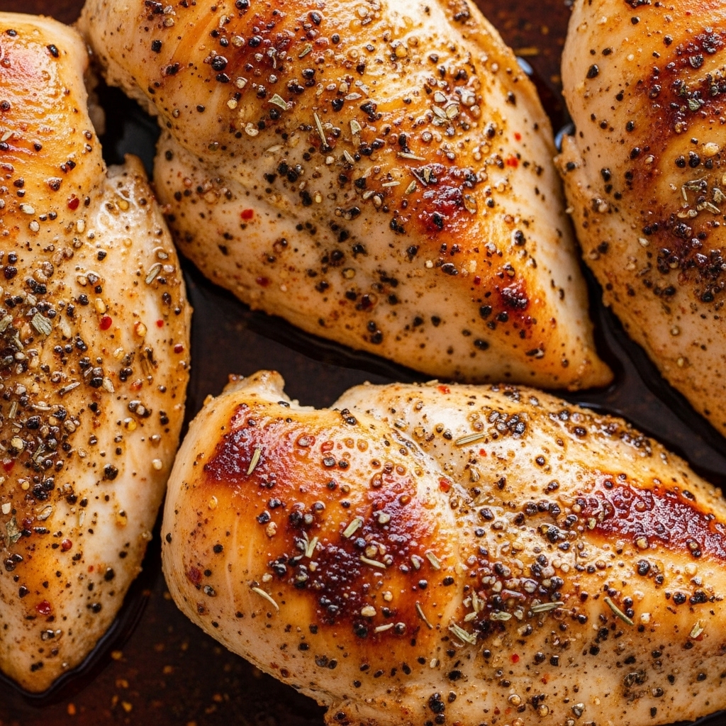 Four cooked chicken breasts are placed side by side in a close-up view, each piece showing a crispy, golden-brown surface with specks of black pepper, paprika, and herbs sprinkled on top. The chicken is glossy with a layer of oil or juices around the edges, giving it a shiny look. The texture of the chicken is smooth with some charred spots, and the pieces almost fill the entire frame. The background surface is not visible clearly, but the image focuses on the juicy and well-seasoned meat. photo taken with an iphone --ar 4:5 --v 7