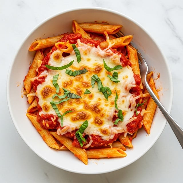 A white bowl filled with baked penne pasta showing three main layers: the first layer is al dente penne coated in bright red tomato sauce, the second layer is golden melted cheese with brown spots on top from baking, and the third layer is fresh green chopped basil scattered over the dish. The pasta edges are mixed with sauce, and small bits of cheese stretch slightly in some areas. A silver fork rests on the right side inside the bowl, and the bowl sits on a white marbled surface. photo taken with an iphone --ar 4:5 --v 7
