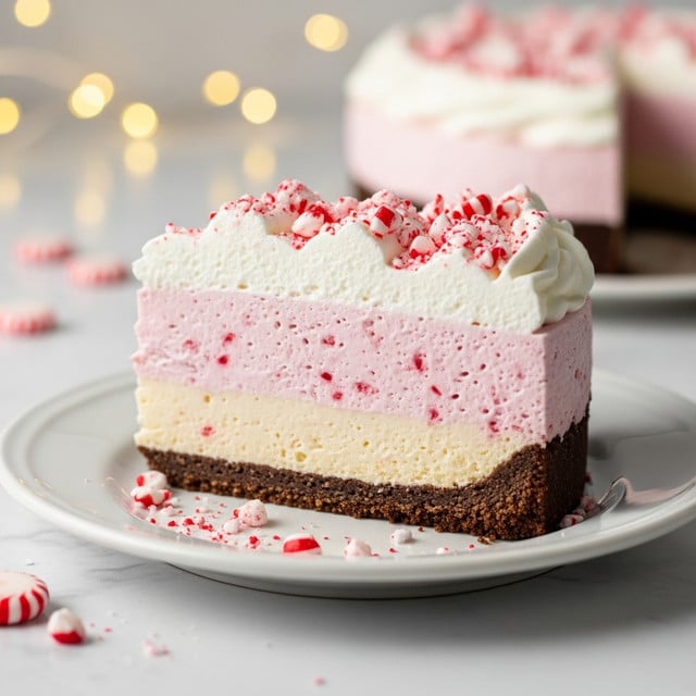A single slice of dessert sits on a white plate with a silver fork beside it. The dessert has three layers: the bottom is a dark brown chocolate crust with a crumbly texture, the middle is a thick, light pink creamy filling with small red specks, and the top layer is white whipped cream with swirls and peaks decorated with crushed red and white candy pieces. The plate is on a white marbled surface, and soft yellow blurred lights appear in the background, giving a cozy feel. Photo taken with an iphone --ar 4:5 --v 7