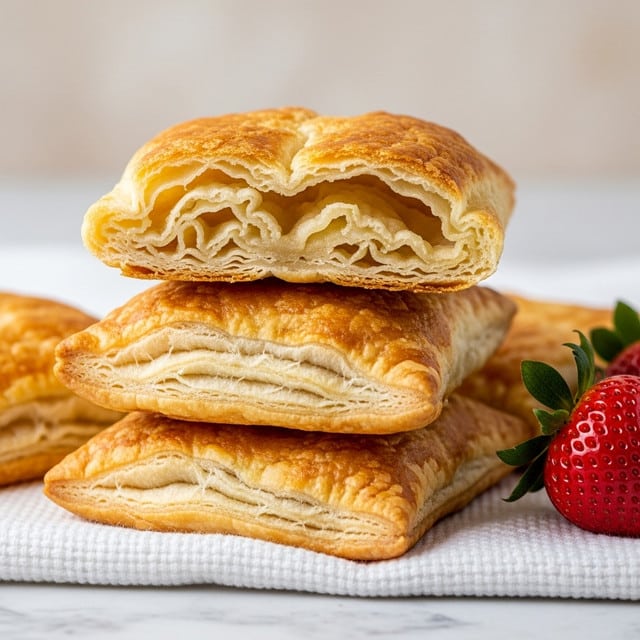 A close-up of four golden-brown flaky pastries stacked on a white textured cloth with the top pastry showing visible layers of soft baked dough with light browning and a slightly crisp surface. The pastries have uneven edges with some puffed, crispy corners and a chewy, layered texture inside. To the right side of the stack, there is a fresh red strawberry with green leaves. The background is a soft, blurred beige tone and the whole scene rests on a white marbled texture. photo taken with an iphone --ar 4:5 --v 7