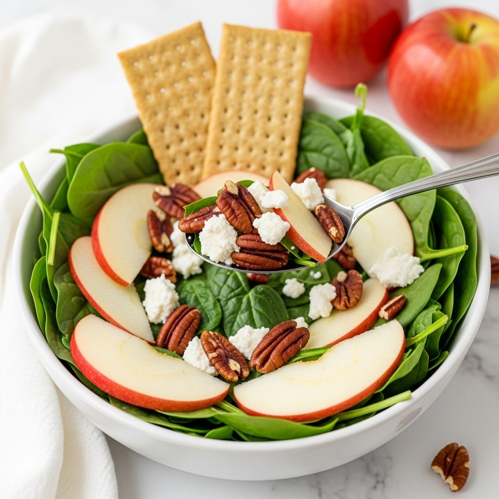 A white bowl filled with a fresh salad, starting with a base of bright green spinach leaves layered evenly. On top, there are thin slices of red and pale yellow apples scattered around, mixed with whole pecan nuts and small bits of crumbled white cheese. Two rectangular, lightly toasted crackers stand upright on one side of the bowl, adding a crispy texture. A silver fork is lifting a bite-sized mix of spinach, pecans, apple slices, and cheese. The bowl sits on a folded white cloth, and two red apples are placed nearby on a white marbled surface. photo taken with an iphone --ar 4:5 --v 7