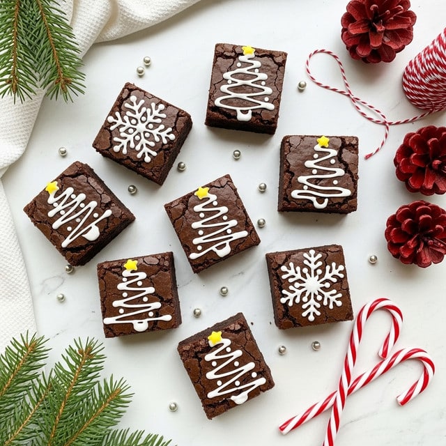 The image shows eight square chocolate brownies with a cracked shiny top layer, each decorated with white icing in Christmas shapes: four have snowflake designs with dots and lines, and four have Christmas tree shapes with a yellow dot on top. The brownies are placed directly on a white marbled texture, scattered casually. Around the brownies, small silver beads add a festive touch. To the right, two red pine cones and a red-and-white twisted string loop add decoration. The bottom right corner features two white and red striped candy canes crossing each other, and the bottom left corner shows some green pine branches, framing the scene. A white textured cloth is partially visible at the top left. photo taken with an iphone --ar 4:5 --v 7