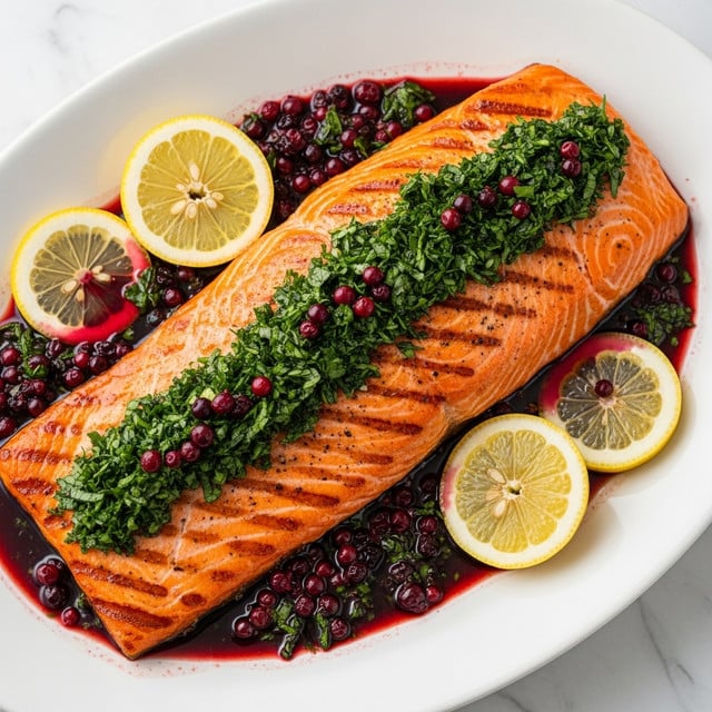 A large, grilled salmon fillet with a shiny, orange-pink color and light grill marks lies in the center of a white oval plate. The salmon is topped with a thick layer of bright green chopped herbs and scattered dark red berries. Around the fillet, there is a pool of dark red sauce mixed with more berries and small pieces of herbs. Several lemon wedges with pale yellow flesh and white rinds are placed on the sides, partly resting in the sauce. The plate is set on a white marbled texture. photo taken with an iphone --ar 4:5 --v 7