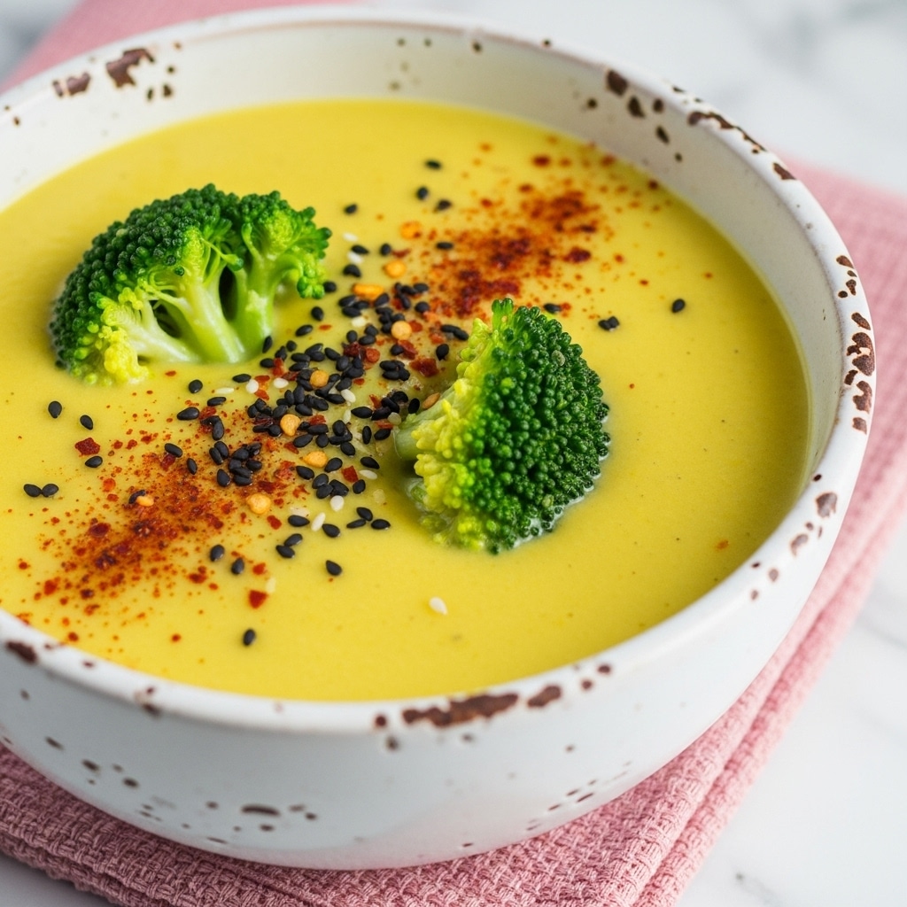 A close-up view of a white bowl filled with creamy yellow soup that has visible green broccoli florets partially submerged and poking through the surface. The soup is sprinkled with black sesame seeds and small flakes of red seasoning, spread unevenly across the top layer. The bowl is placed on a soft pink textured cloth, set on a white marbled surface. The bowl itself has a rustic, slightly worn rim with brown imperfections that contrast with the smooth bright soup inside. Photo taken with an iphone --ar 4:5 --v 7