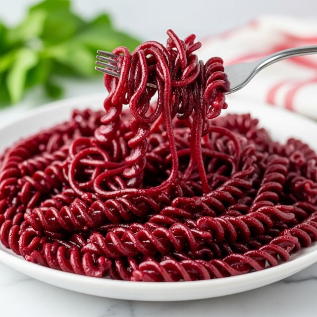 A close-up image of a white plate filled with dark red spiral-shaped noodles, glistening with moisture. A silver fork lifts a tangled portion of the noodles above the plate, showing their smooth, slightly shiny texture. The background shows a blurred glimpse of green leaves and a red and white cloth. The surface beneath the plate is a white marbled texture. photo taken with an iphone --ar 4:5 --v 7