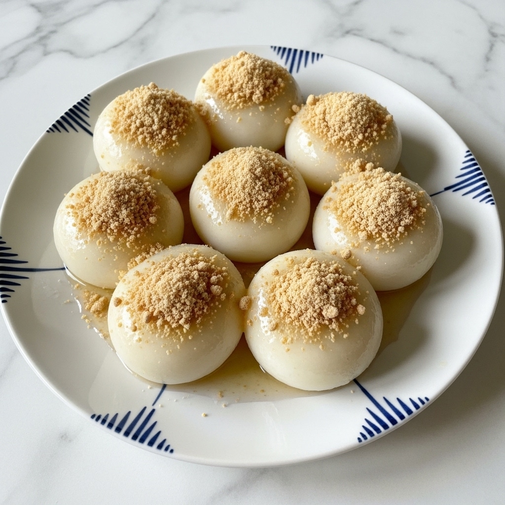 The image shows seven round, white, glossy rice cakes arranged closely together in a circle on a white plate with blue patterns along the edges. Each rice cake has a layer of light brown, crumbly crushed topping sprinkled neatly on top, adding a textured contrast to the smooth surface. A small amount of light syrup or sauce pools gently around the cakes at the bottom, giving a shiny, slightly wet look. The plate sits on a white marbled surface. photo taken with an iphone --ar 4:5 --v 7
