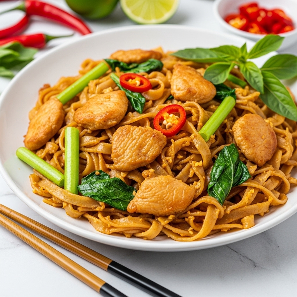 A white plate filled with three main layers: wide, flat, light brown stir-fried noodles form the base, mingled with medium-sized pieces of golden-brown cooked chicken evenly spread through the dish, and topped with bright green leafy vegetables and stalks along with slices of red chili peppers adding a pop of color. The noodles have a shiny, slightly oily texture, while the chicken pieces are smooth and moist. Fresh green basil leaves rest on top right, adding a fresh look. The plate sits on a white marbled surface with a pair of wooden chopsticks with black handles placed beside it. A small white bowl of red chili peppers and parts of lime and whole red chilies are visible blurred in the background. Photo taken with an iphone --ar 4:5 --v 7