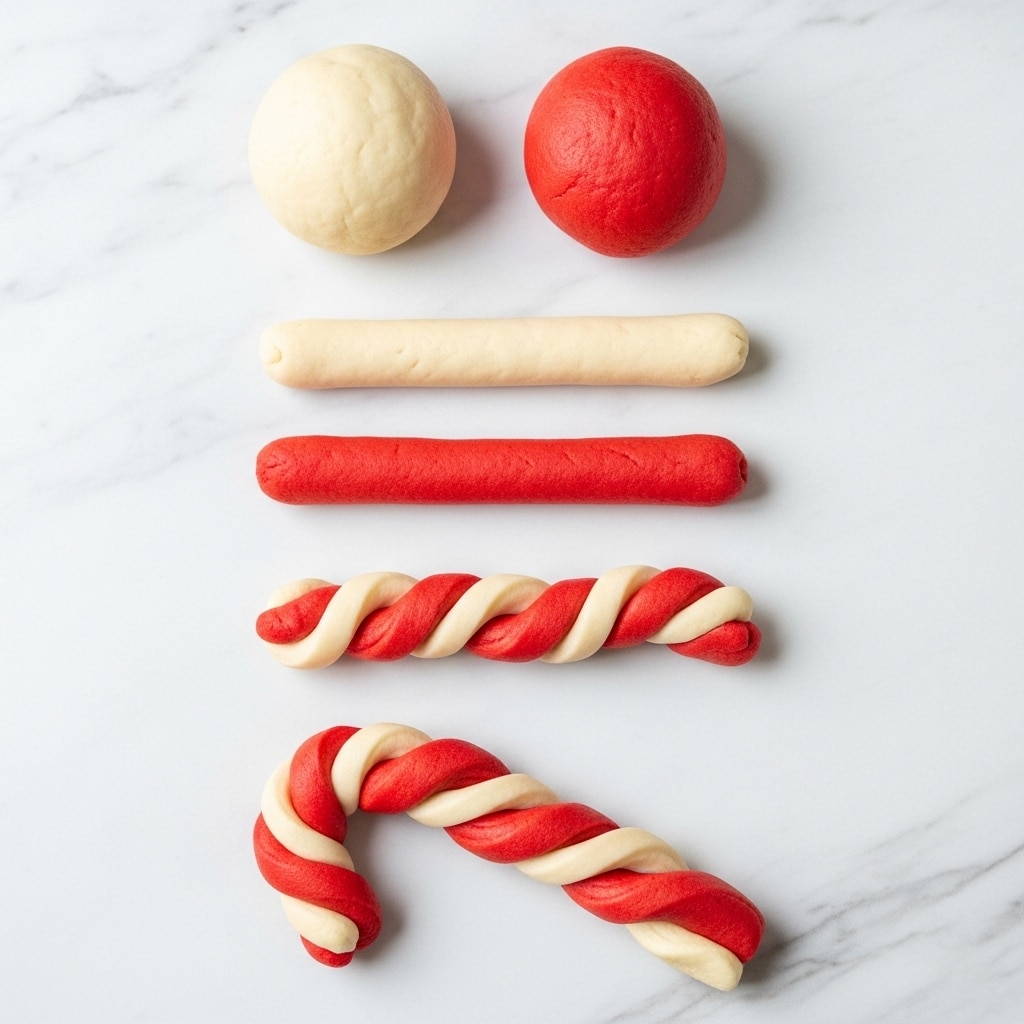 The image shows a step-by-step process of making a candy cane shape from red and white dough on a white marbled surface. At the top are two separate dough balls, one white and one red, next are two long thin dough sticks, one white on top and one red below. Below that, the two sticks are twisted together in a spiral pattern. At the bottom, the twisted dough is formed into a curved candy cane shape. photo taken with an iphone --ar 4:5 --v 7