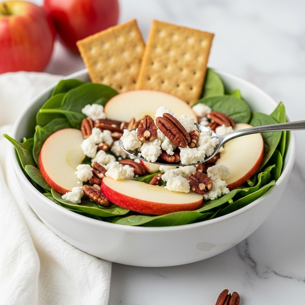 A white bowl filled with fresh green spinach leaves layered underneath slices of light red apple pieces, dark reddish pecans, and small white crumbles of cheese. At the back of the bowl, two light brown crackers stand upright. A silver spoon holds a small mix of all the ingredients, lifting them gently. The bowl is placed on a white marbled surface with a white cloth nearby, and two red apples are seen in the background. Photo taken with an iphone --ar 4:5 --v 7