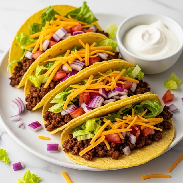 The image shows a metal platter filled with six soft corn tacos arranged tightly in two rows. Each taco has two layers of yellow corn tortillas holding a bed of dark brown cooked ground beef as the main filling. Bright green shredded lettuce and small red tomato chunks are scattered on top of the beef. Crisp purple diced onions and a light sprinkle of orange shredded cheddar cheese add extra color layers. Some tacos have a dollop of white sour cream on the beef. A white bowl filled with smooth white sour cream sits near the top right corner of the platter, with a black spoon resting inside. The whole setup is placed on a white marbled surface. photo taken with an iphone --ar 4:5 --v 7