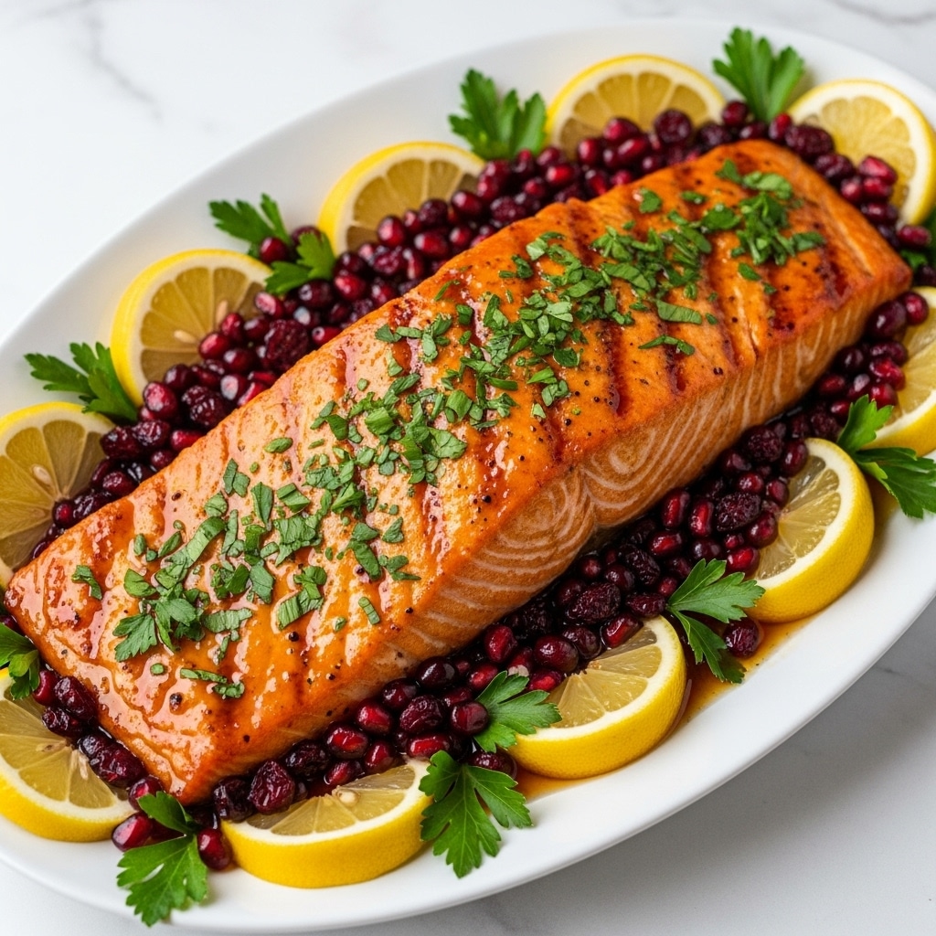A large, shiny grilled salmon fillet with a golden-orange color sits in the middle of a white oval platter. The top is sprinkled with chopped fresh green herbs that add a bright contrast. Around the salmon, there is a layer of deep red pomegranate seeds and whole cranberries mixed with green parsley leaves. Scattered lemon wedges with bright yellow skin and juicy pulp surround the fish, adding pops of color. The salmon is glazed with a shiny, sweet sauce that pools slightly on the bottom, creating a rich, glossy layer beneath the fish. The whole dish rests on a white marbled surface, enhancing its fresh and vibrant look. photo taken with an iphone --ar 4:5 --v 7