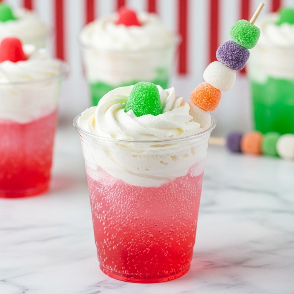 The image shows a clear plastic cup filled with a pink fizzy drink with bubbles rising through the liquid as the bottom layer. Above the drink, there is a swirl of white whipped cream as the second layer, topped with a bright green gumdrop candy in the center. A stick holding several gumdrops in green, white, orange, and purple leans on the rim of the cup on the right side. The scene is set on a white marbled surface with a background featuring a red and white striped pattern. In the background, there are more cups with similar whipped cream and gumdrop toppings, one with a red gumdrop and another with a green one, slightly blurred. photo taken with an iphone --ar 4:5 --v 7