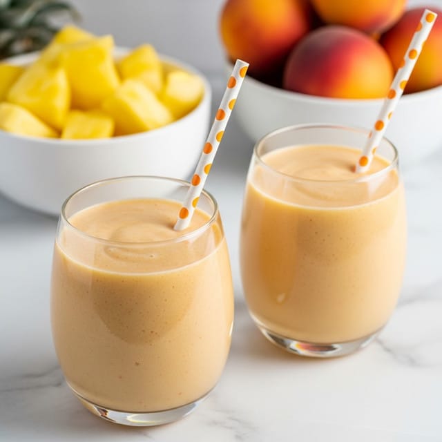 Two clear glasses filled with a smooth, light orange peach smoothie sit on a white marbled surface. Each glass has a white paper straw with large orange polka dots sticking out from the creamy drink. In the background, slightly blurred, there is a white bowl filled with bright yellow pineapple chunks and another white bowl holding fresh peaches. The setting gives a fresh and bright feeling. Photo taken with an iphone --ar 4:5 --v 7