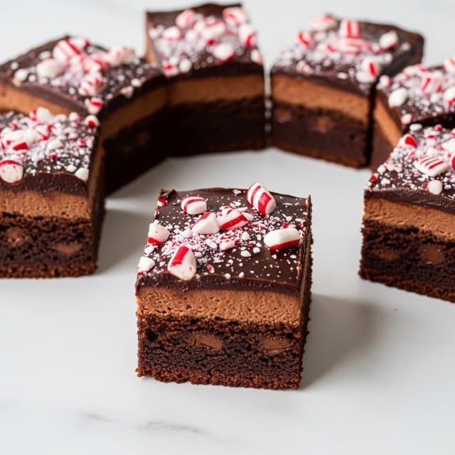 The image shows several square brownie pieces arranged in a ring with one piece in the center showing a side view. Each brownie has two visible layers: a thick, dark brown chocolate cake base with a moist texture and chocolate chips inside, and a smooth, glossy dark chocolate ganache on top. The ganache layer is decorated with crushed peppermint candy pieces, which are white with red stripes, scattered unevenly on the surface. The brownies are placed on a white marbled texture surface, making the dark chocolate and bright candy pieces stand out. Photo taken with an iphone --ar 4:5 --v 7