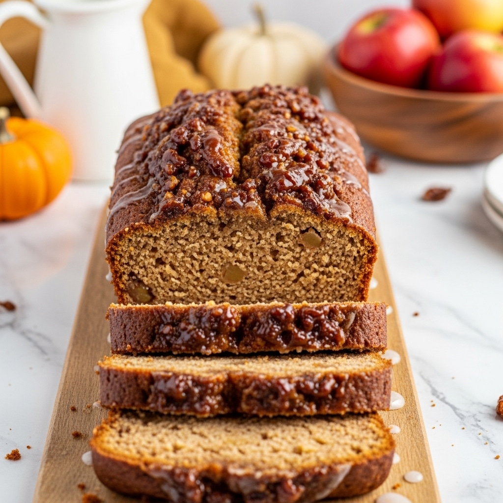 A loaf of brown, moist cake with a crumbly texture sits on a wooden board against a white marbled surface. The cake has a shiny glaze dripping down from the top layer, which appears to be covered with a sticky, dark brown nut topping or caramelized bits. Three thick slices are cut in front of the loaf, showing the light brown soft inside with some small chunks, possibly fruit or nuts, inside. The cake's top looks slightly rough with a glossy finish, and the overall scene has warm, cozy colors with blurred background elements like a small white pitcher, a small orange pumpkin, and a wooden bowl with apples. photo taken with an iphone --ar 4:5 --v 7