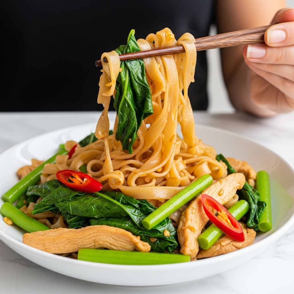 A close-up view of wide, flat, glossy light brown noodles mixed with dark green leafy vegetables and green stalks, all coated in a shiny sauce. Mixed inside are pieces of tender, light brown cooked chicken and small slices of bright red chili. A woman's hand is using dark brown wooden chopsticks to hold some noodles lifted above a white shallow bowl, and the dish sits on a white marbled surface. The textures show soft noodles with a slight sheen, wilted greens with a rough surface, and juicy chicken pieces. photo taken with an iphone --ar 4:5 --v 7