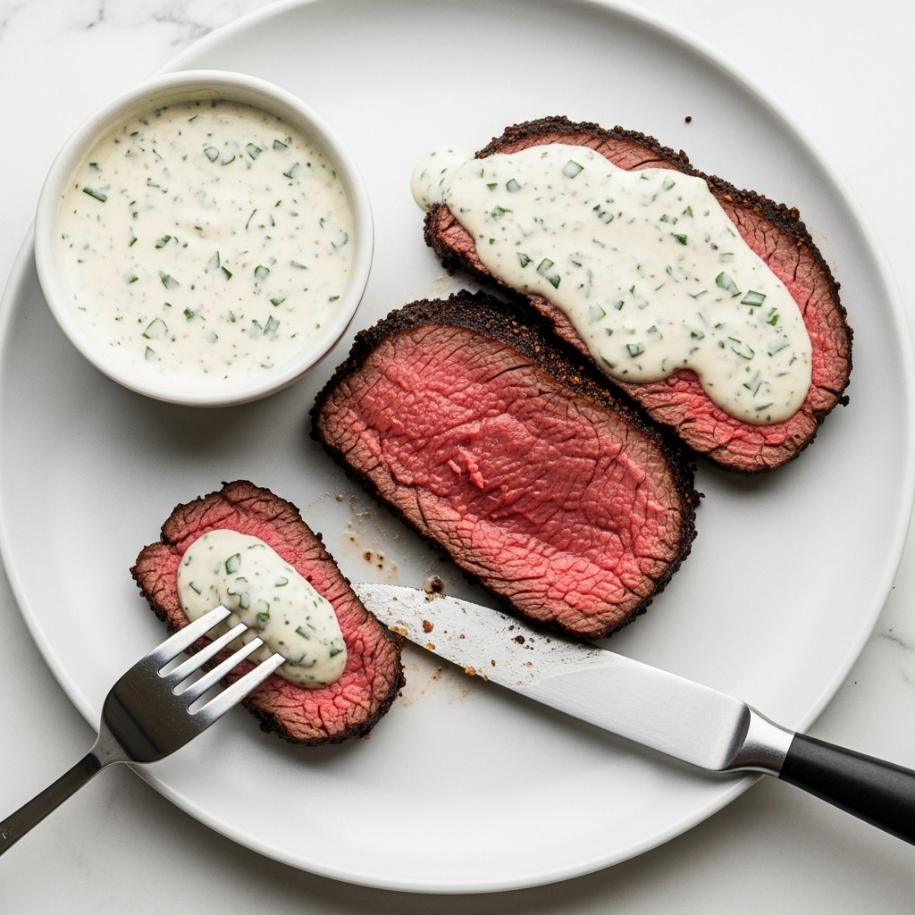 A white plate holds three slices of medium-rare roast beef with a dark brown crust and pinkish-red warm center. The top slice is covered with a thick, creamy white sauce speckled with small green herbs. A small round white bowl filled with the same sauce is positioned near the top left of the plate. A metal fork lifts a smaller piece of beef, also topped with some sauce, from the bottom of the plate. The plate sits on a white marbled surface, with a black-handled knife resting nearby. Photo taken with an iphone --ar 4:5 --v 7