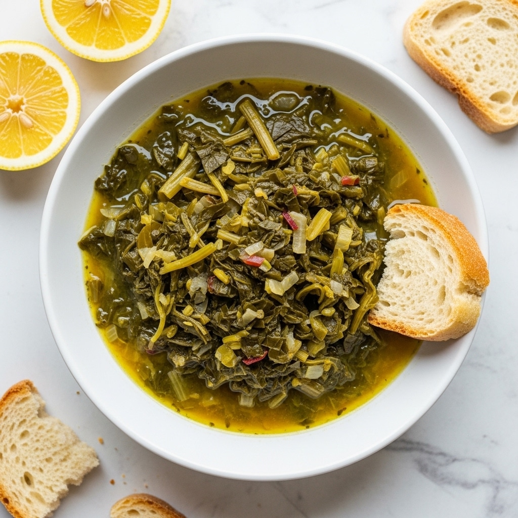 A white bowl filled with cooked leafy greens and stems in a yellowish broth, showing a mix of dark green and lighter green colors with some small pieces of red and white visible; on the right edge of the bowl, a small piece of bread is placed partly in the bowl; around the bowl, there are slices of lemon and pieces of bread resting on a white marbled surface. photo taken with an iphone --ar 4:5 --v 7