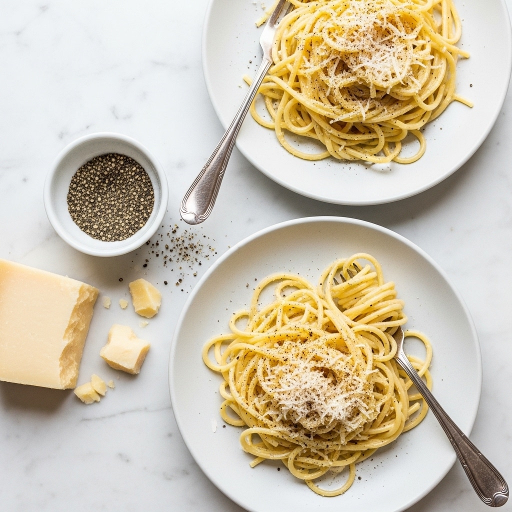 Two white plates hold simple spaghetti dishes with about one layer of noodles each, twisted loosely in a circular shape. The spaghetti is creamy light yellow with a smooth texture, sprinkled with black pepper and grated cheese that adds a light crumbly layer on top. One plate has a silver fork resting on the edge with noodles twirled around it. Next to the plates, a small white bowl is filled with cracked black pepper, showing its coarse texture. On the white marbled surface, there is a block of cheese with a few small broken pieces near it, adding a rough, pale yellow contrast to the smooth noodles. photo taken with an iphone --ar 4:5 --v 7