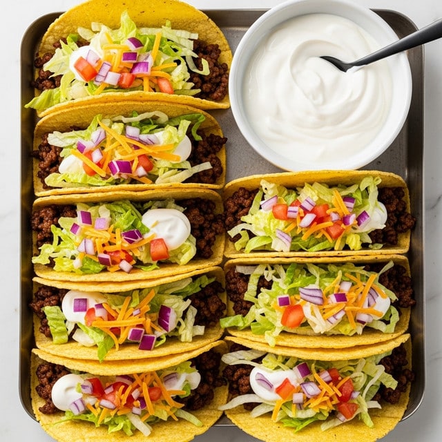 A white plate holds five soft yellow corn taco shells, each filled with three main layers: at the bottom, a layer of cooked ground beef with a dark brown color and crumbly texture; in the middle, small diced red tomatoes and purple onions scattered throughout; on top, shredded bright orange cheddar cheese and chopped green lettuce adding a fresh touch. The tacos are arranged diagonally from front to back, with a white bowl of sour cream on the right side of the plate. The plate sits on a white marbled surface, showing some loose pieces of onion and lettuce around it. Photo taken with an iphone --ar 4:5 --v 7