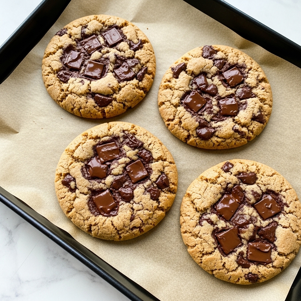 Four thick, round cookies with a golden-brown color and lots of melted dark chocolate chunks spread unevenly on the surface sit on a piece of light brown parchment paper. The cookies have a rough texture with some cracks, showing gooey, shiny melted chocolate in several spots. The parchment paper is inside a black baking tray, and the tray is placed on a white marbled surface. Photo taken with an iphone --ar 4:5 --v 7