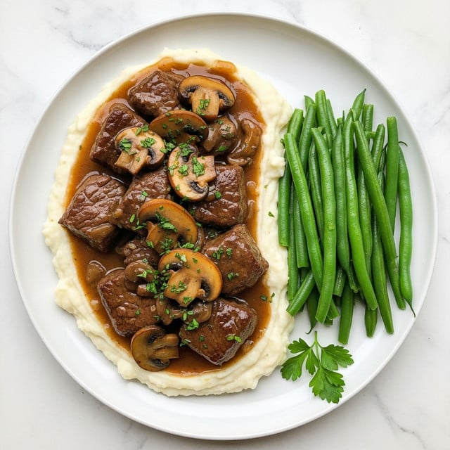 The dish features a base layer of creamy white mashed potatoes spread thickly over a white plate, forming a soft and fluffy bed. On top, there are several chunks of tender brown beef covered in a glossy, rich brown mushroom gravy, with sliced cooked mushrooms mixed in, adding a slightly chewy texture. The beef and mushrooms are garnished with small green parsley flakes for a fresh touch. On one side of the plate, a neat bundle of bright green, crisp green beans adds color and contrast. A small sprig of fresh parsley lies on the edge of the plate. The whole scene is set against a white marbled texture. photo taken with an iphone --ar 4:5 --v 7
