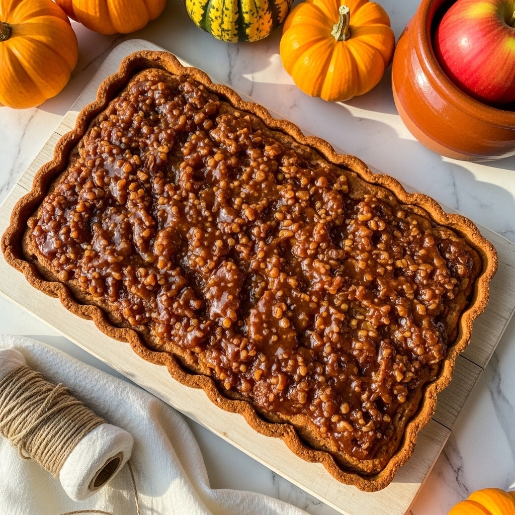 A rectangular cake with scalloped edges sits on a light wooden board over a white marbled surface. The cake has a rich brown color with a thick, chunky glaze on top that looks sticky and shiny with visible bits of nuts or caramelized topping. The glaze is unevenly spread, giving a textured and glossy surface. Around the scene, there are small pumpkins, a clay pot with a red apple inside, and a white linen napkin with beige string visible. The light is warm, highlighting the glossy texture of the glaze and the rustic setting. Photo taken with an iphone --ar 4:5 --v 7
