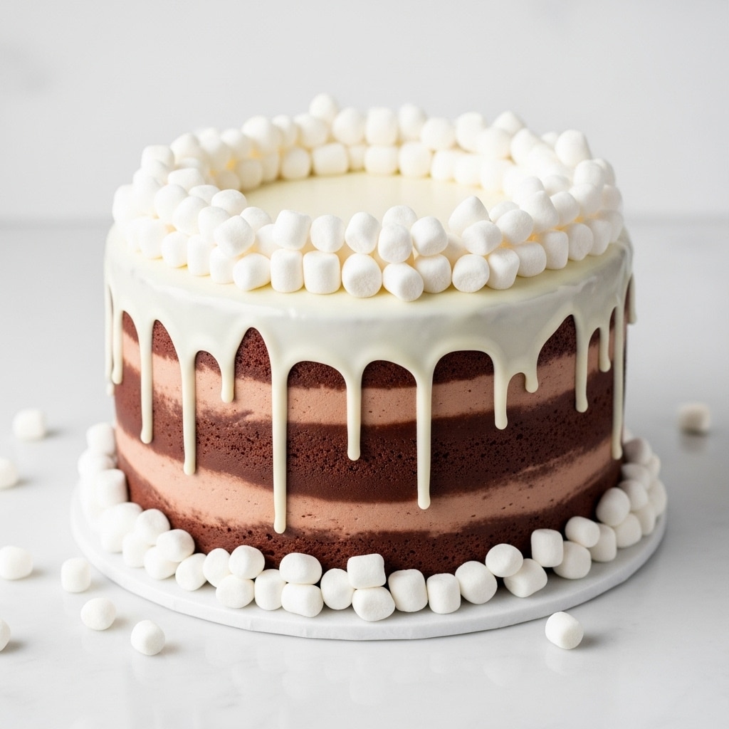 The cake has three visible layers: the bottom layer is a smooth medium brown frosting that covers the sides evenly, the middle layer is white icing dripping down in an uneven pattern from the top edge over the brown frosting, and the top layer is flat white icing covering the top surface. The top edge is decorated with a thick ring of small and mini white marshmallows, while the base of the cake also has a ring of marshmallows in various sizes surrounding it. The cake sits on a white marbled textured surface. Photo taken with an iphone --ar 4:5 --v 7