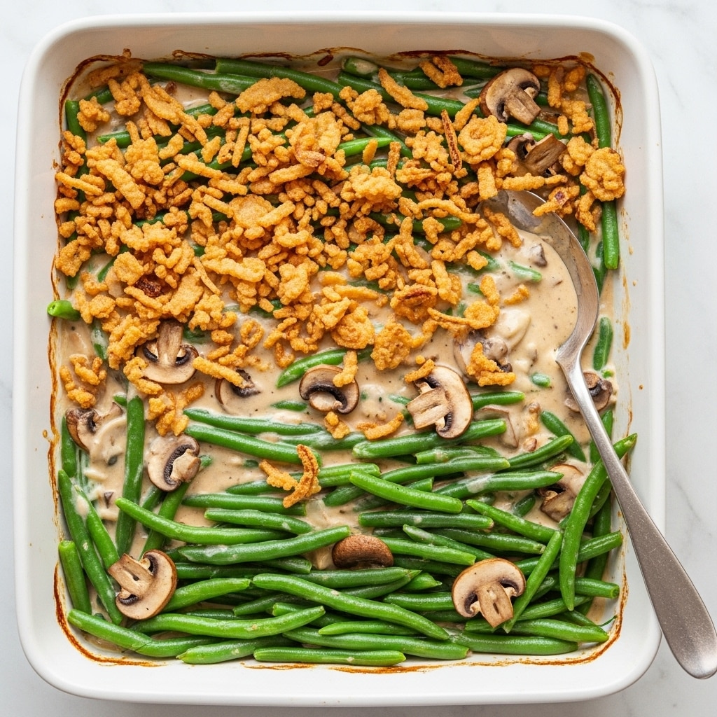 A white rectangular baking dish filled with a green bean casserole showing three main layers: the first layer is bright green whole green beans, the second layer is a creamy light beige sauce with sliced brown mushrooms mixed in, and the final top layer is golden brown crispy fried onions scattered over the beans and sauce evenly. A silver serving spoon rests partly submerged in the casserole towards the right side of the dish. The dish sits on a white marbled surface. photo taken with an iphone --ar 4:5 --v 7