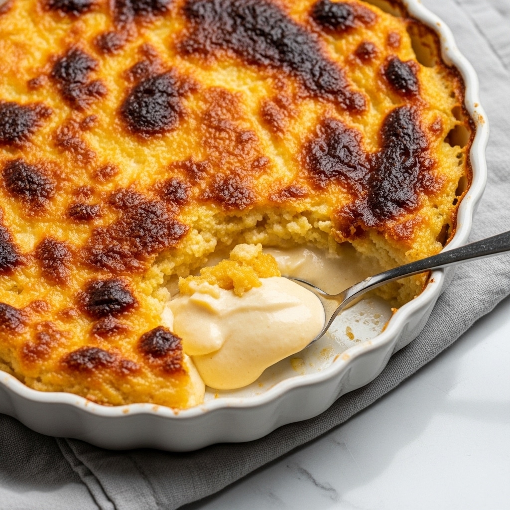 A white round ceramic dish filled with a creamy, golden yellow baked custard that has a thick, browned, caramelized top layer with dark spots of caramelization. A portion has been scooped out, revealing a smooth, soft, slightly grainy texture inside that is pale yellow. A silver spoon is resting in the scooped area inside the dish. The dish sits on a folded beige linen cloth over a wooden table with a white marbled texture surface in the background. photo taken with an iphone --ar 4:5 --v 7