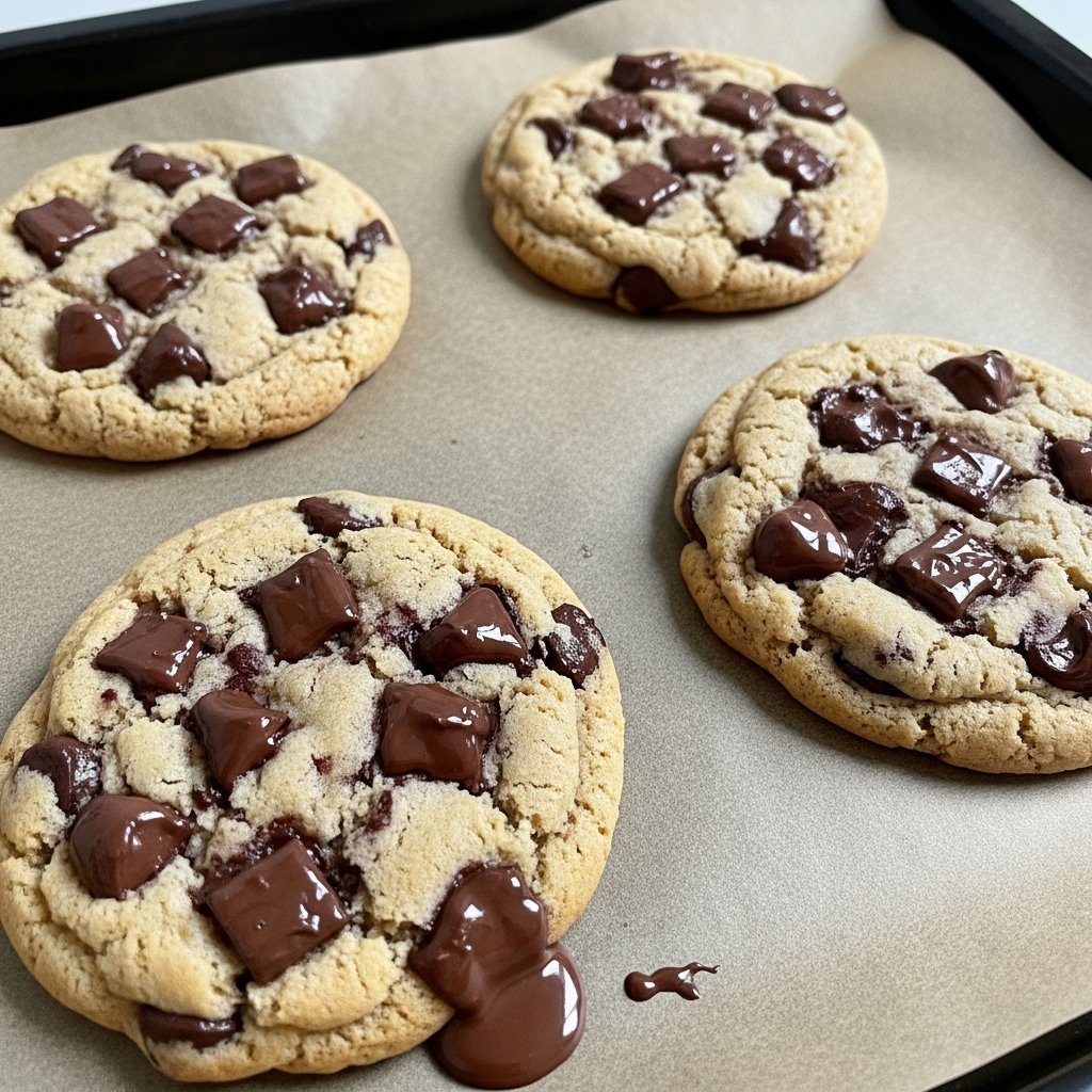 The image shows four fresh chocolate chip cookies on brown baking paper, which is placed on a dark baking tray. Each cookie is thick and golden brown with uneven round shapes, having large dark chocolate chunks and melted chocolate spots scattered randomly across the surface. The cookies have a slightly cracked texture on top with gooey, shiny melted chocolate visible in many places. The melted chocolate drips slightly on the baking paper beneath one cookie near the bottom of the image. The overall look is warm, soft, and freshly baked. Photo taken with an iphone --ar 4:5 --v 7