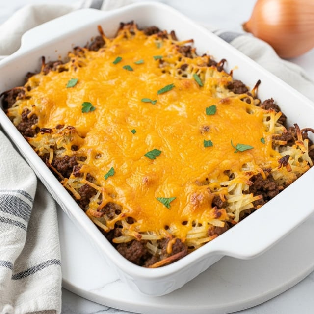 A white rectangular baking dish filled with a golden-brown casserole, featuring a top layer of melted cheddar cheese that is bubbly and slightly crispy at the edges. Beneath the cheese, shredded potatoes are mixed with ground beef, creating a textured base with a combination of creamy and slightly browned bits. Small green parsley leaves are scattered on top, adding a fresh color contrast. The dish rests on a white marbled surface, with part of a light-colored striped cloth visible on the side, and a whole onion in the background. photo taken with an iphone --ar 4:5 --v 7