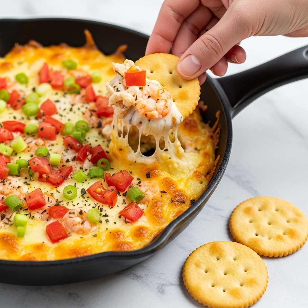 The dish shows a close-up of a black skillet filled with a creamy, light golden melted cheese layer topped with chopped bright red tomatoes and fresh green spring onion pieces scattered on top. A woman's hand is dipping a round, light golden cracker into the cheesy mix, lifting a portion that looks warm and gooey, with bits of finely melted cheese and herbs visible. Two more round crackers lie on a light textured white marbled surface near the skillet. Photo taken with an iphone --ar 4:5 --v 7