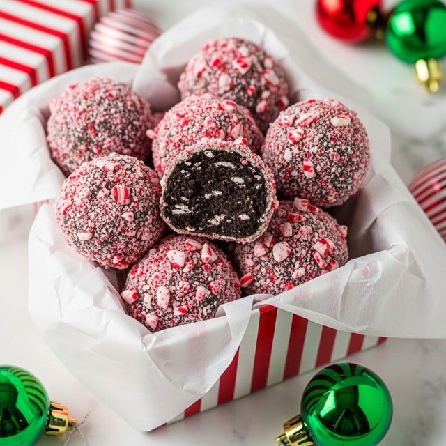 A red and white striped box lined with white parchment paper is filled with round balls covered in crushed red and white candy pieces. The outer layer is rough and textured from the crushed candy coating. One ball is cut open, showing a dark, crumbly inside layer contrasting with the bright outer shell. The box is placed on a white marbled surface with some shiny green and red Christmas ornaments nearby. Photo taken with an iphone --ar 4:5 --v 7